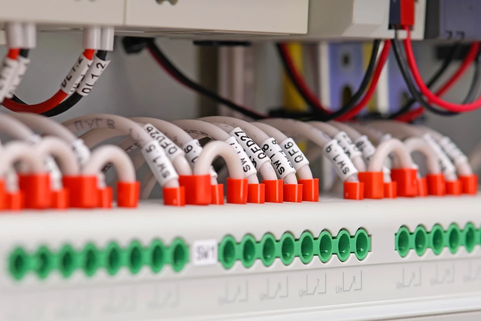 Intérieur d'armoire électrique avec rangées de borniers de connexion
